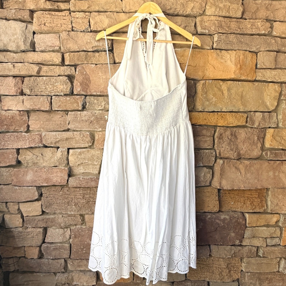 Lane Bryant Women 16 Dress White Eyelet Halter Smocked Cotton Lined Midi Cottage - Picture 3 of 11